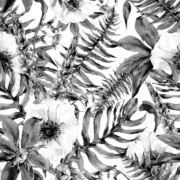 Watercolor leaf seamless pattern with ferns and flowers