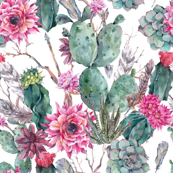 Cactus akvarell seamless mönster i boho stil. — Stockfoto