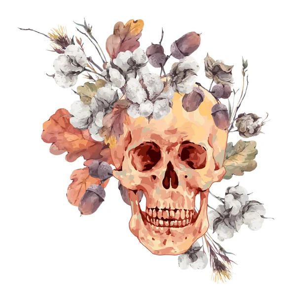 Skull and twigs, cotton flower, yellow oak leaves — Stock Vector