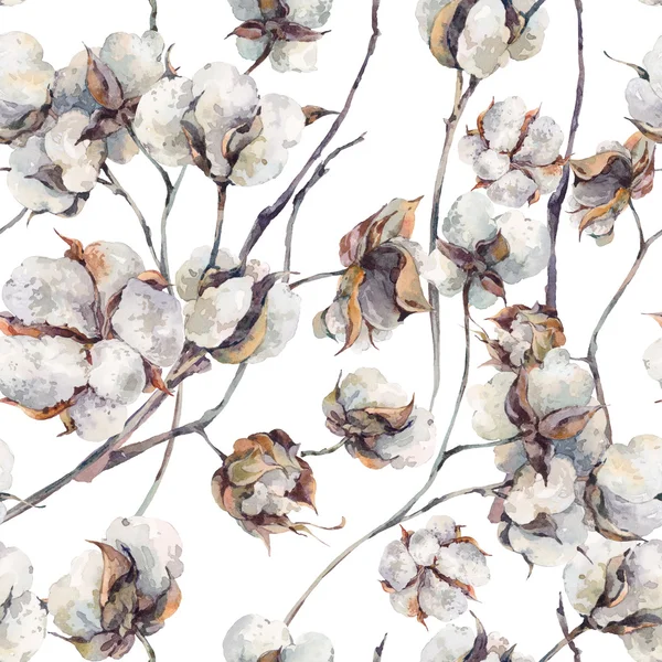 Aquarel naadloze patroon met twijgen en katoen bloemen. — Stockfoto