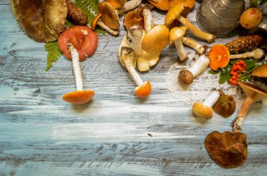 Rustik ahşap arka plan üzerinde mantar