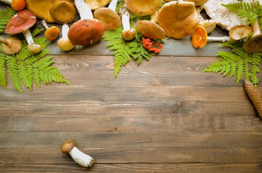 Rustik ahşap arka plan üzerinde mantar