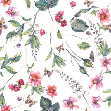 Sulu Boya Dikişsiz arka plan ile pembe çiçekler