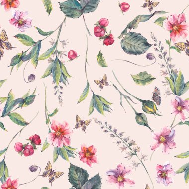 Sulu Boya Dikişsiz arka plan ile pembe çiçekler