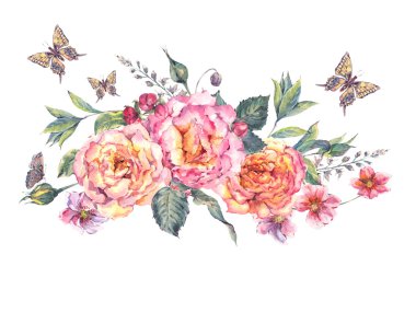 suluboya çiçek açan güller ve çiçekler