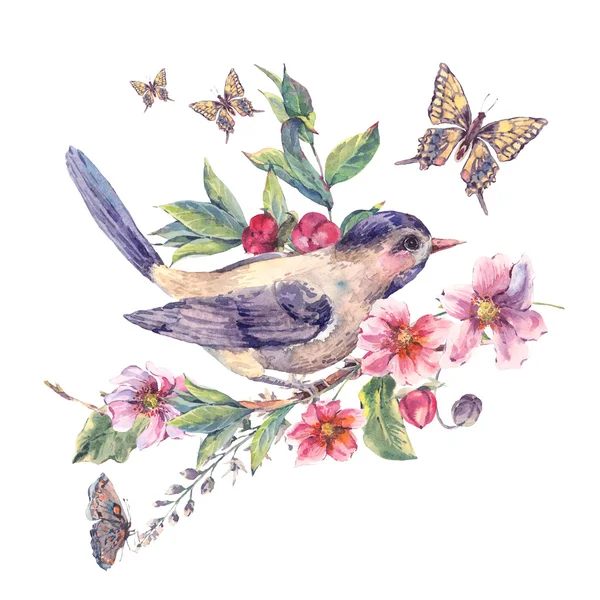 Carte florale aquarelle, oiseau sur une branche fleurie — Photo