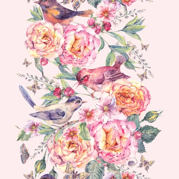 Watercolor seamless border. Birds and rose — Stock Photo, Image