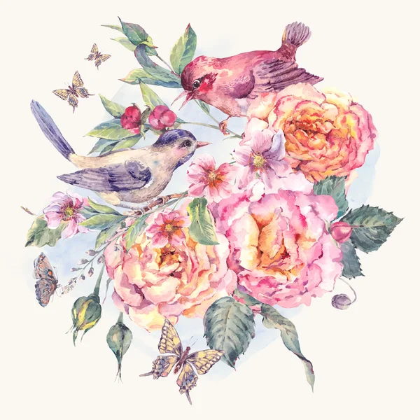 Carte florale aquarelle vintage. Oiseaux et rose — Photo