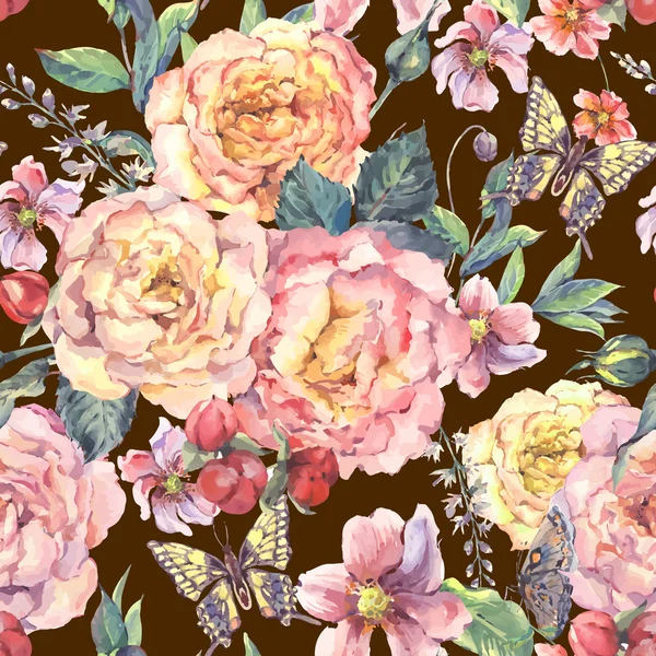 Fond sans couture avec des roses et des papillons — Image vectorielle