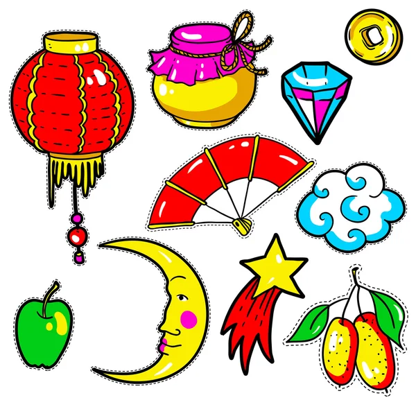 Set of Chinese New Year stickers, pins, patches in 80s-90s comic — Stock Vector