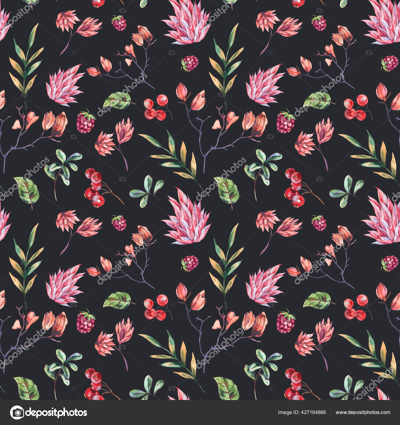 Watercolor Winter Flowers Seamless Pattern Pink Wildflowers Berries Vintage Botanical Stock Photo by ©Depiano 427164866 Watercolor Winter Flowers Seamless Pattern Pink Wildflowers Berries Vintage Botanical Stock Photo by ©Depiano 427164866