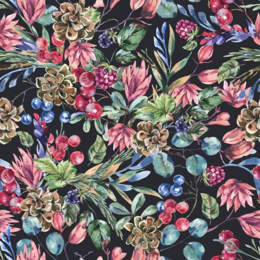 Suluboya kış çiçekleri pürüzsüz desenler, kır çiçekleri. Wooodland bitkilerinin klasik botanik dokusu. Siyah arka planda orman çiçekli duvar kâğıdı.