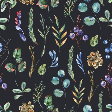 Suluboya kış çiçekleri pürüzsüz desenler, kır çiçekleri. Klasik botanik doku. Siyah arka planda orman çiçekli duvar kâğıdı.