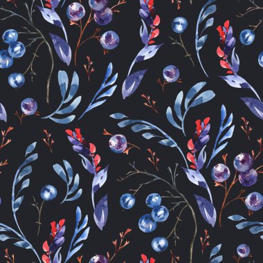 Suluboya mavi çiçekler dikişsiz desen, kır çiçekleri, böğürtlenler. Klasik botanik doku. Siyah arka planda orman çiçekli duvar kâğıdı.