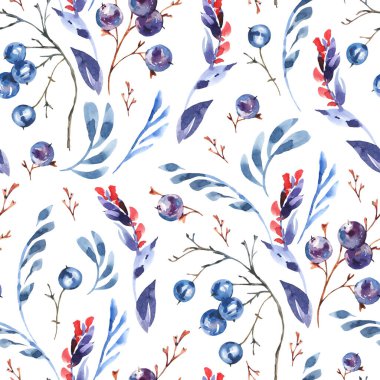 Suluboya mavi çiçekler dikişsiz desen, kır çiçekleri, böğürtlenler. Klasik botanik doku. Beyaz arkaplanda orman çiçekli duvar kâğıdı.