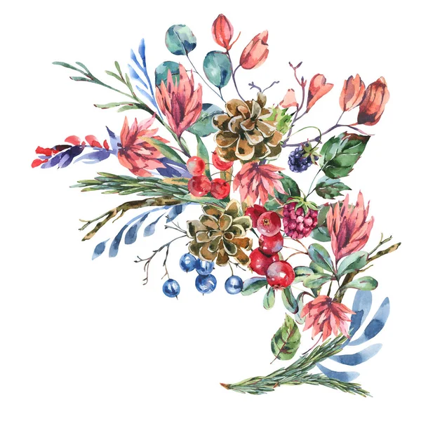 Watercolor Winter Flowers Wildflowers Vintage Botanical Greeting Card Wooodland Plants — Stock Photo, Image