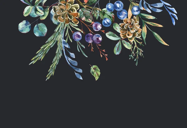 花色は青い冬の花 野の花 ヴィンテージ植物グリーティングカード 黒い背景に孤立した森の花のイラスト — ストック写真