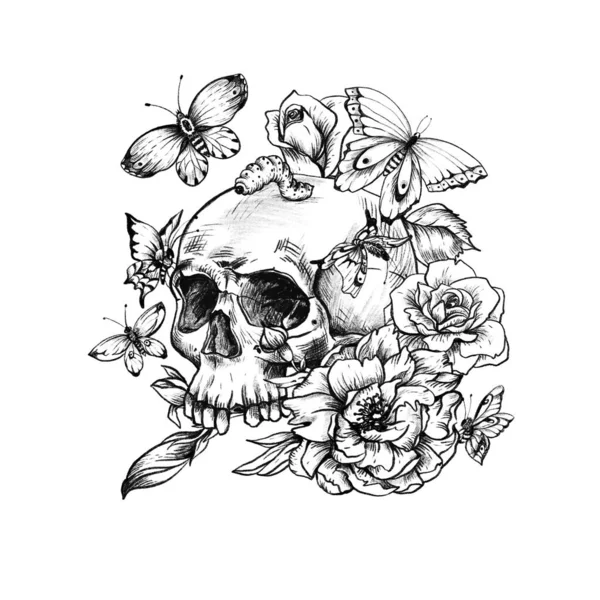 Vintage Goth Skull Butterdlies Flowers Isolated White Background Dead Dead — Stock Photo, Image