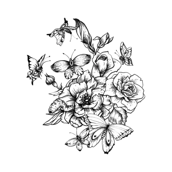 Ročník Monochromatické Květinové Botanické Ilustrace Bílém Pozadí Černobílé Růže Motýli — Stock fotografie
