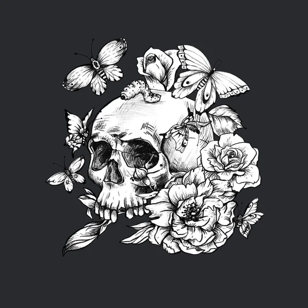 Vintage Goth Skull Butterdlies Flowers Isolated Black Background Dead Dead — Stock Photo, Image