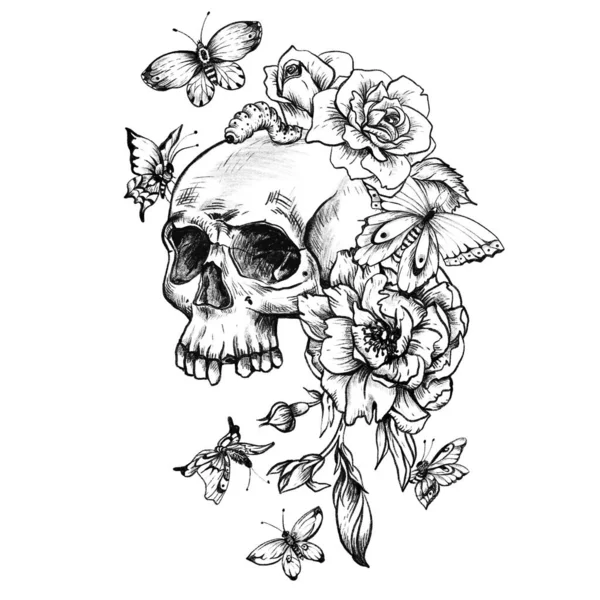 Beyaz arka planda kelebekli ve çiçekli klasik gotik kafatası. Ölü bir illüstrasyon..