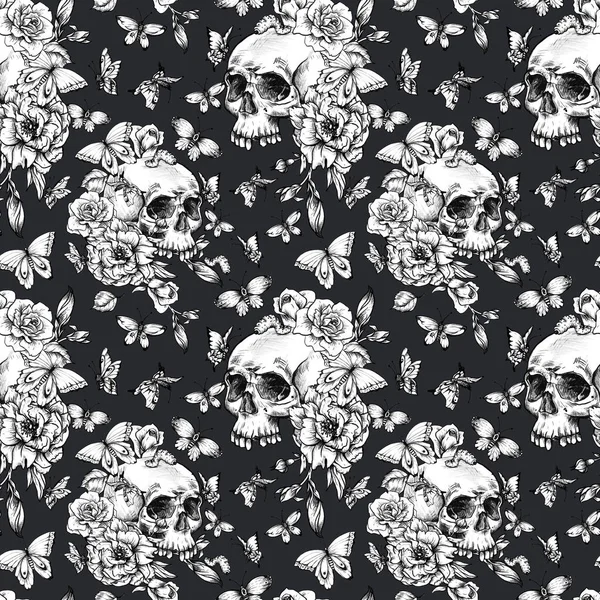 Vintage Seamless Pattern Goth Skull Butterdlies Flowers Black Background Dead — Stock Photo, Image