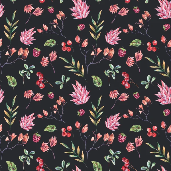 Aquarell Winterblumen Nahtlose Muster Rosafarbene Wildblumen Beeren Vintage Botanische Textur — Stockfoto