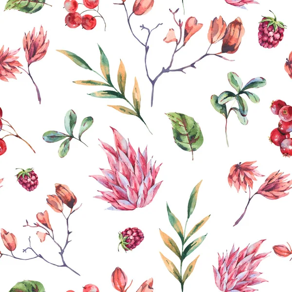 水彩冬の花のシームレスなパターン ピンクの野花 ベリー 木の植物のヴィンテージ植物の質感 白い背景の森の花の壁紙 — ストック写真