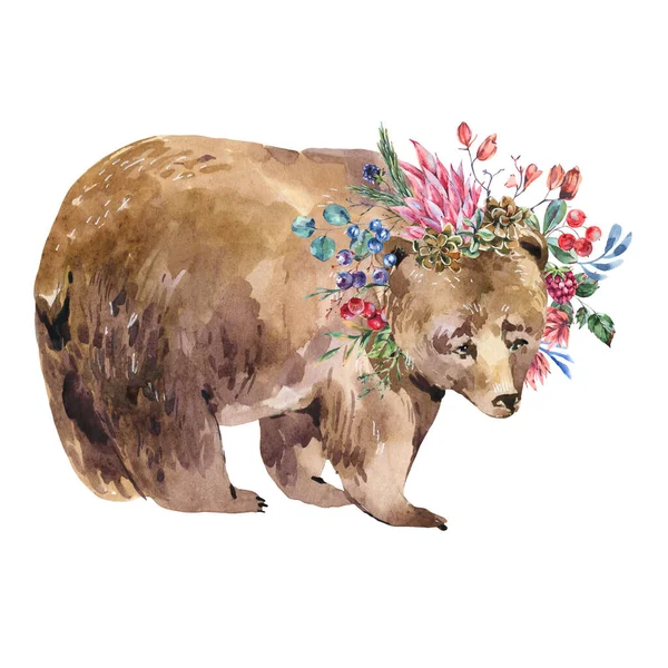 Beyaz arka planda izole edilmiş çiçek çelenkli suluboya ayı. Orman hayvanları illüstrasyonu, kır çiçekleri. Orman yaratıkları.