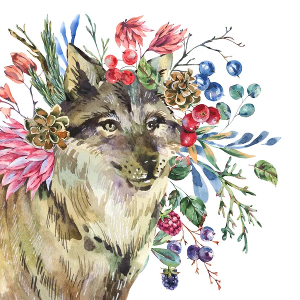 Akvarell Varg Med Blommor Isolerade Vit Bakgrund Skogsdjur Illustration Blomkål — Stockfoto