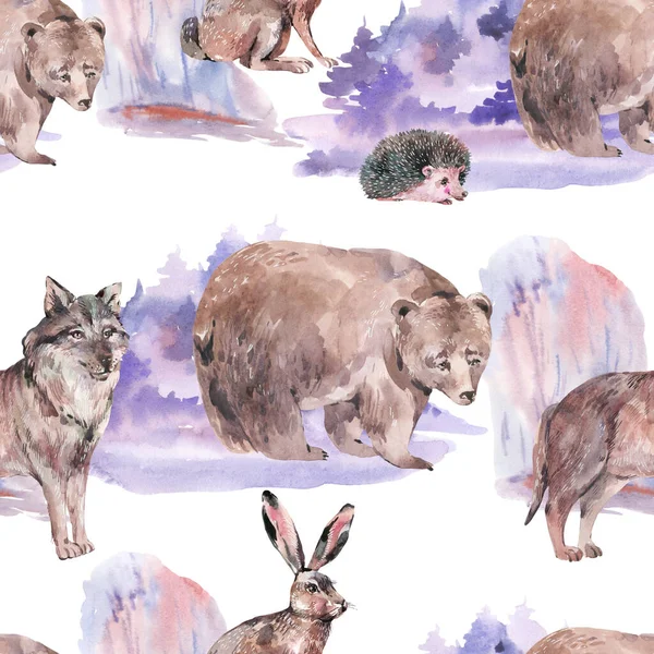 水彩画冬季森林动物无缝图案 刺猬纹理白色背景 林地生物壁纸 — 图库照片