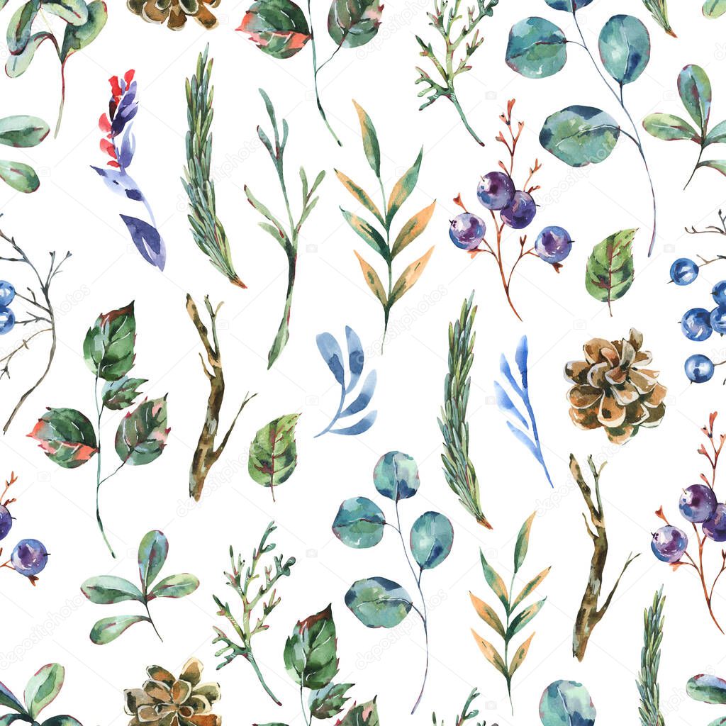 Watercolor winter flowers seamless pattern, wildflowers. Vintage botanical texture. Forest floral wallpaper on white background.