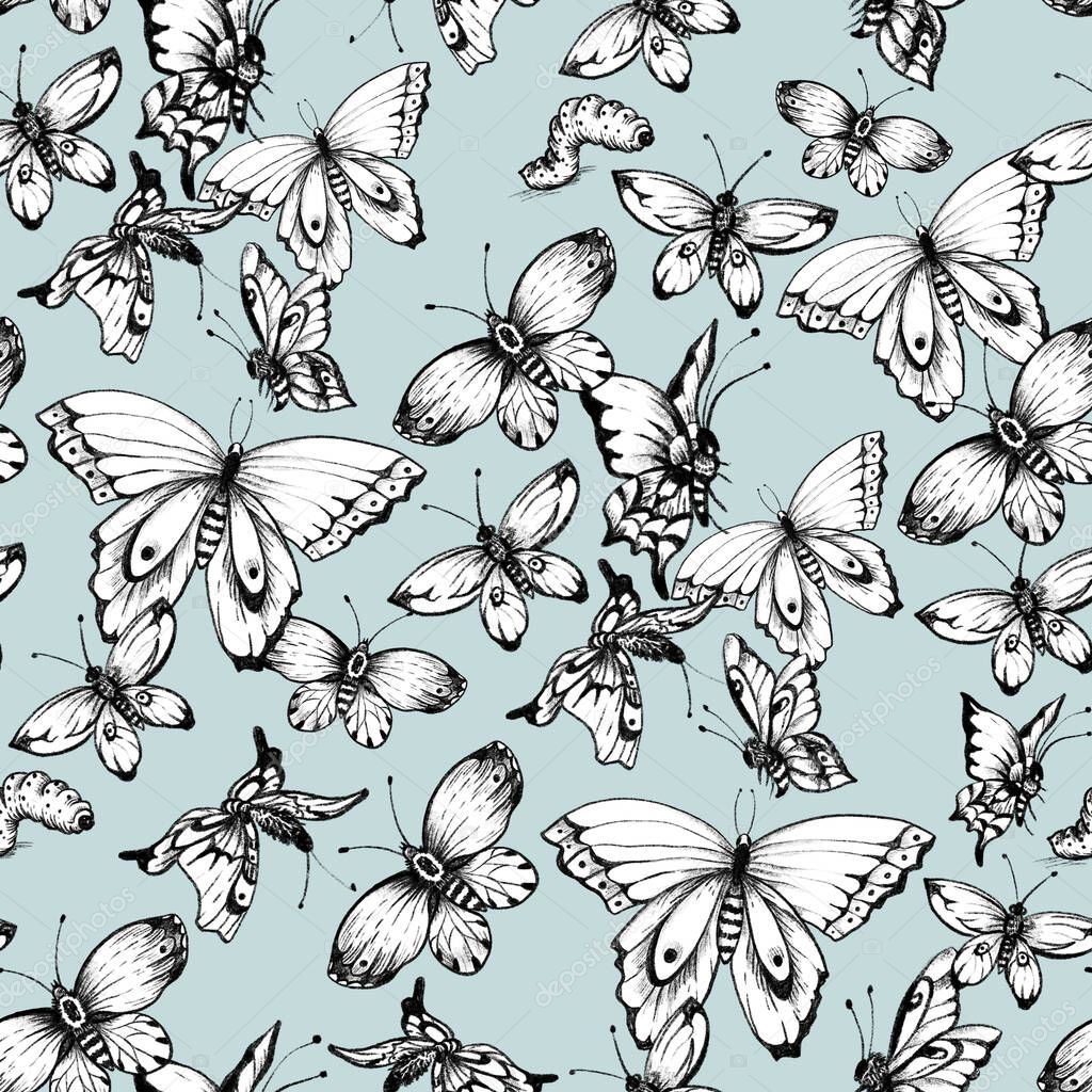 Vintage monochrome butterflies seamless pattern. Natural butterfly texture on blue background