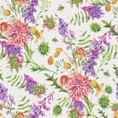 Vektör suluboya deseni, yaz çayırı çiçekleri, kır çiçekleri. Botanik çiçek tebrik kartı. Şifalı çiçek koleksiyonu