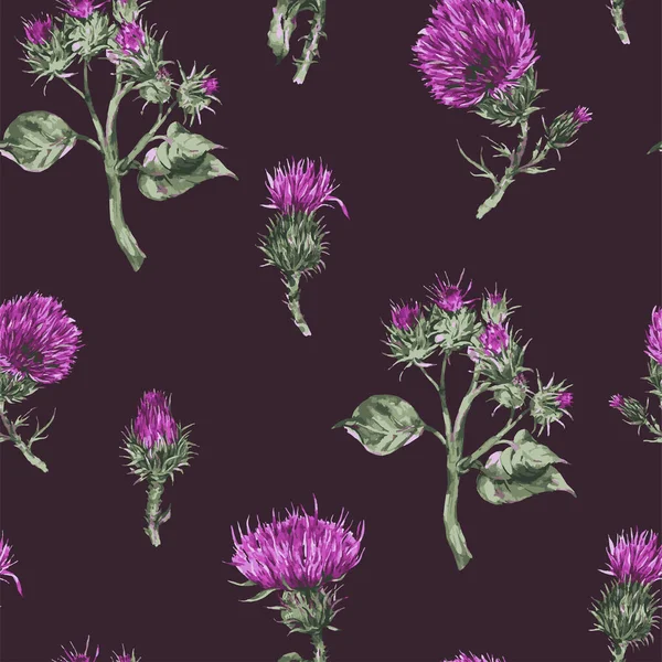 Seamless Pattern Vector Watercolor Thistle Vintage Botanical Wallpaper Black Background — Stock Vector