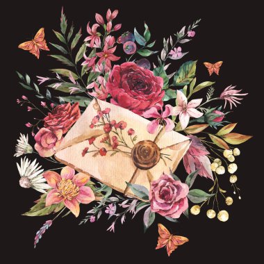 Çiçekli suluboya eski bir mektup. Doğal tebrik kartı. Siyah arkaplanda izole edilmiş koyu akademi çiçekleri..