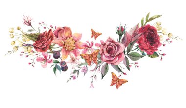 Burgundy çiçekli tebrik kartı. Suluboya çiçek çizimi, botanik bitki örtüsü ve beyaz arka planda izole edilmiş kelebek..