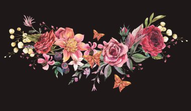 Burgundy çiçekli tebrik kartı. Çiçekli suluboya çelenk çizimi, botanik bitki örtüsü ve siyah arka planda izole edilmiş kelebek..