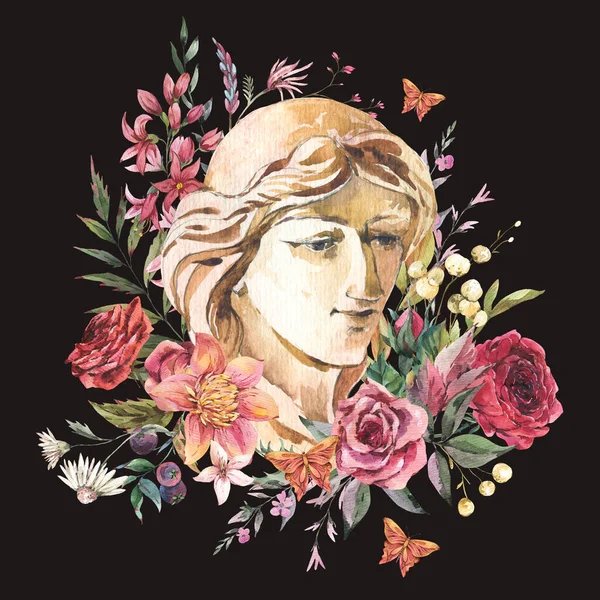 Greek sculpture with wildflowers. Botanical wloral greeting card with plaster woman face. Classical head sculpture,  Dark academia vintage illustration isolated on black background.