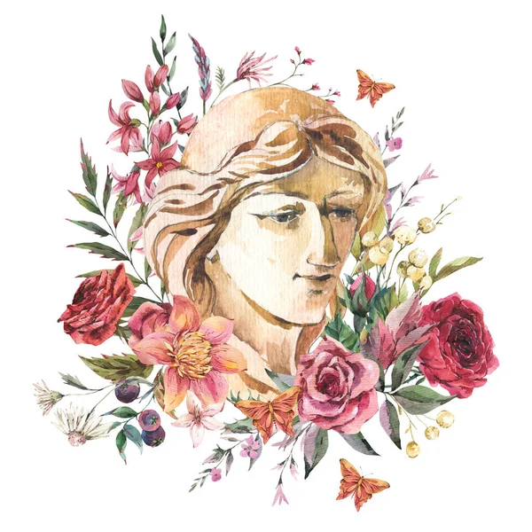 野の花とギリシャ彫刻 石膏の女性の顔を持つ植物の花の挨拶カード 古典的な頭部彫刻 白を基調としたダークアカデミアヴィンテージのイラスト — ストック写真
