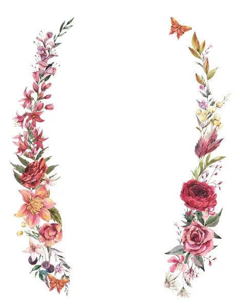 夏の香りのテンプレート ヴィンテージの花グリーティングカード 白い背景に隔離された水彩の花の花輪のイラスト 植物相と蝶 — ストック写真