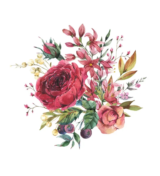 Aquarel Vintage Bordeaux Roos Wilde Bloemen Wenskaart Natuurlijke Botanische Illustratie — Stockfoto