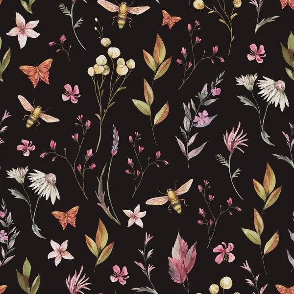 Akvarel Vinobraní Květinové Léto Bezešvé Vzor Přírodní Botanická Textura Černém — Stock fotografie