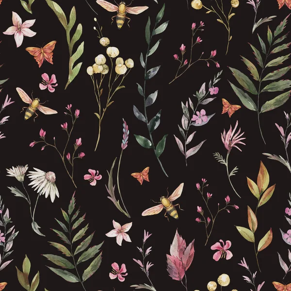 Watercolor Vintage Floral Summer Seamless Pattern Natural Botanical Texture Black — Stock Photo, Image