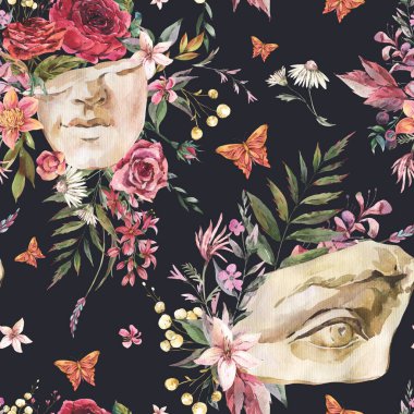 Yunan heykeli David 'in gözü pürüzsüz desenli kuru çiçekli, kelebekli. Siyah arkaplanda klasik baş heykel dokusu.