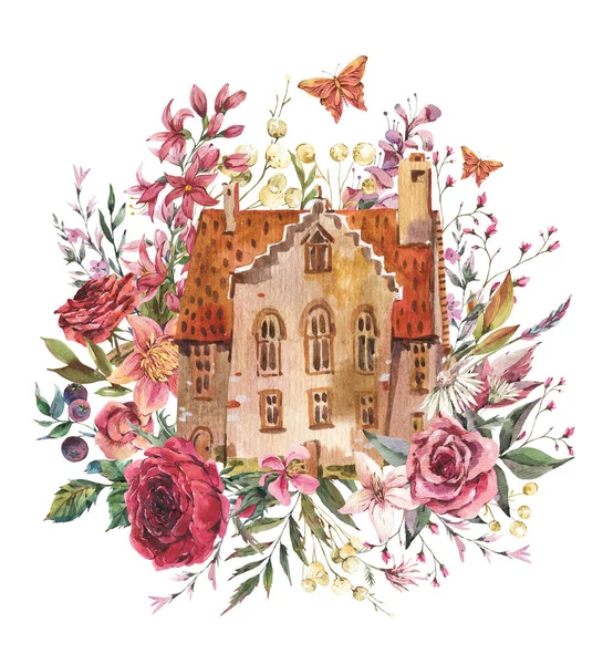 Blommigt Hus Akvarell Vintage Gratulationskort Sött Hem Mysig Stuga Blommig — Stockfoto