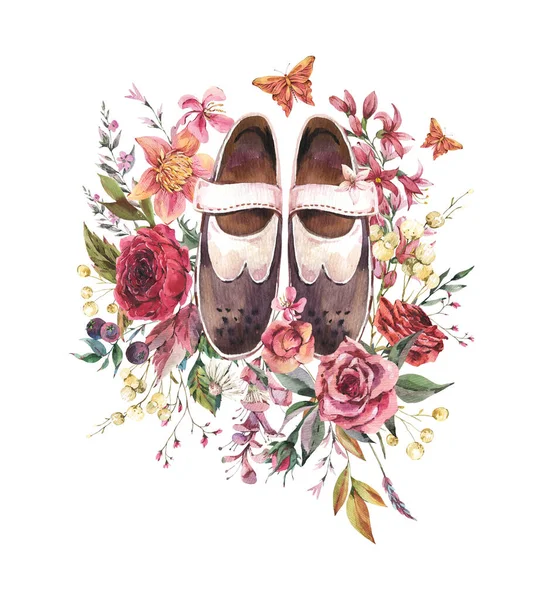 Watercolor Oxford Pantofi Vintge Ilustrare Floral Întuneric Academie Salut Carte — Fotografie, imagine de stoc