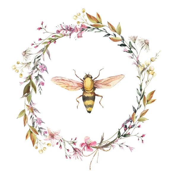 Illustration Abeilles Aquarelle Couronne Fleurs Sauvages Vintage Illustration Botanique Naturelle — Photo