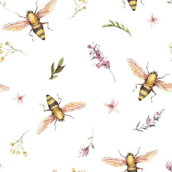 水彩蜂のシームレスなパターン ヴィンテージの野の花の質感 白い背景の自然植物壁紙 — ストック写真