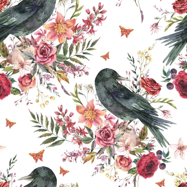 Corbeau Noir Motif Sans Couture Vintage Avec Des Fleurs Roses — Photo